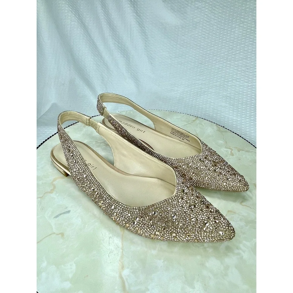 Madden Girl Devin-R Rhinestone Slingback Flats Womens 6.5 Gold Pointed Evening